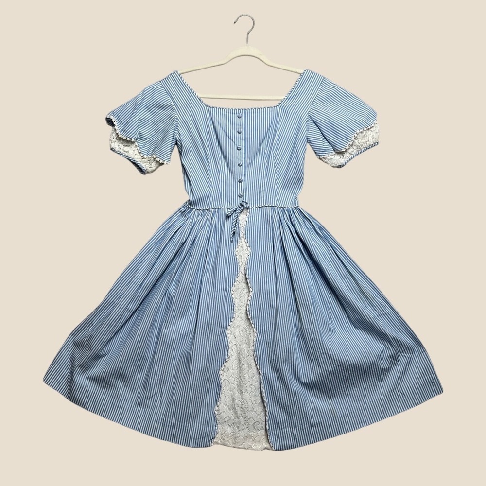 1940s Costume House NYC Blue White Pinstripe Lace Trim Square Neck Dress XS